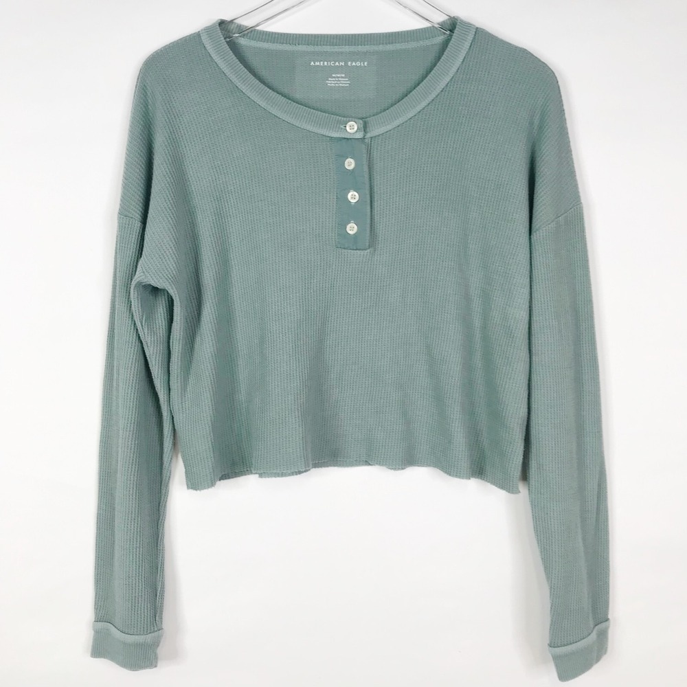 American Eagle Top Women Medium Green Crop Waffle Knit Thermal Henley Grunge Y2k